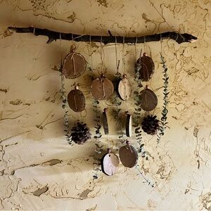 NWT Rustic Wood, Beaded Eucalyptus Wall Hanging Cabin Rustic Handmade Man Cave